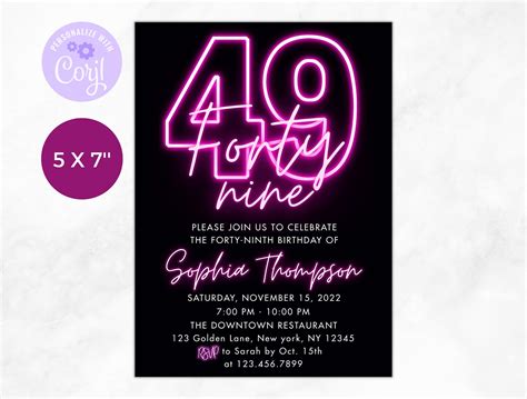 Th Birthday Invitation Forty Ninth Birthday Pink Neon Birthday