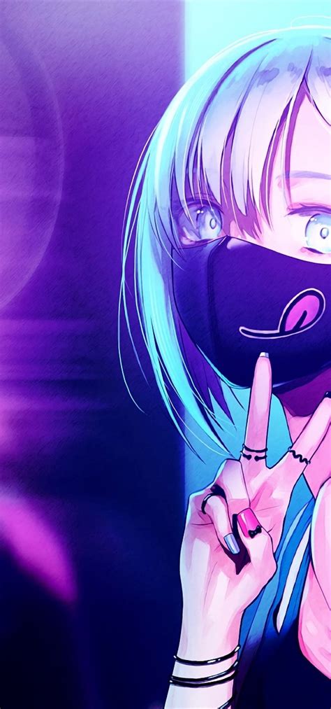 1080p Free Download Anime Girl Black Mask Short Hair Neon Lights