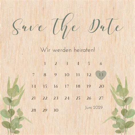 Greenery Save the Date Karte aus Holz mit Eukalyptus Zweigen in grün