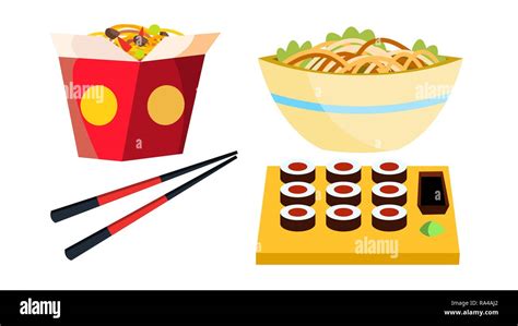 Takeaway Chinese Food Vector. Box Noodles. Chopsticks. Tasty Lunch Menu. Isolated Flat Cartoon ...