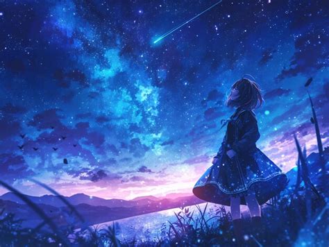 An anime girl standing in a field of flowers looking up at the sky with ...