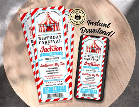 Editable Circus Fun Fair Ticket Big Top Come One Come All For A Birthday Carnival Party Custom