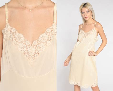 Cream Slip Dress S Lace Trim Lingerie Nightgown Mini Full Etsy