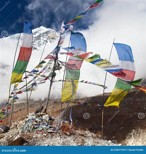 Buddhist Prayer Flags And Peak Nepal Himalayas Mountains Stock Photo