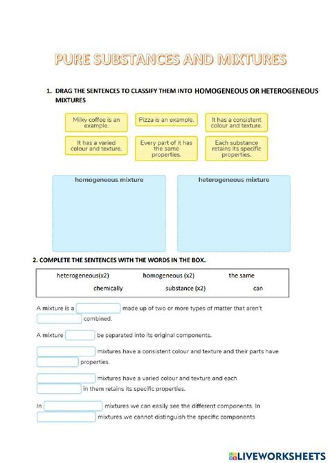 Pure Substances And Mixtures Interactive Worksheet Live Worksheets