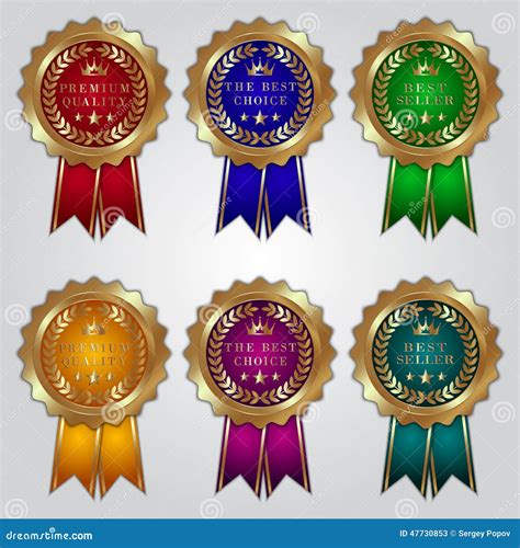 Vector Set Of Golden Badges With Color Ribbons And Stock Vector