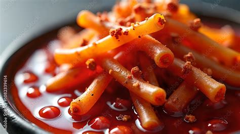 Captivating Close Up Shot Of Spicy Pickled Enoki Mushrooms Enveloped In