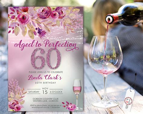 60 Aged To Perfection Wine Floral Birthday Invitation Printable