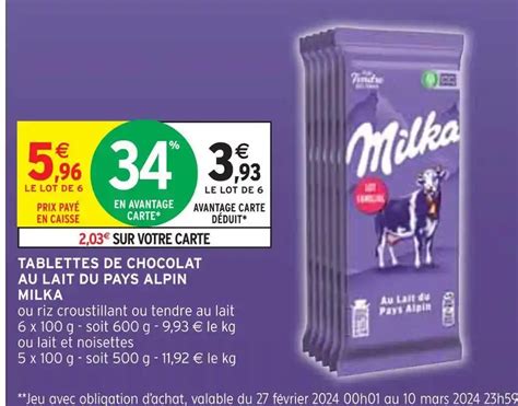 Promo Milka Tablettes De Chocolat Au Lait Du Pays Alpin Chez Intermarch