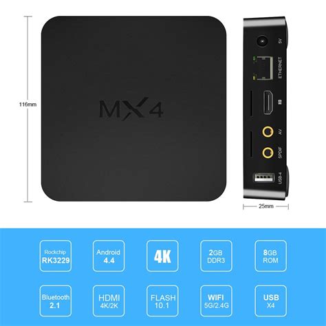 YUNTAB MX4 Android 4K TV BOX RK3229 Quad Core CPU 1G 8G WIFI HDMI With