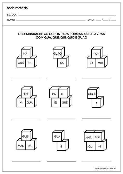 Atividades Gua Gue Gui Guo - Atividades com GUA GUE GUI GUO GUÃO (para imprimir) - Toda Matéria
