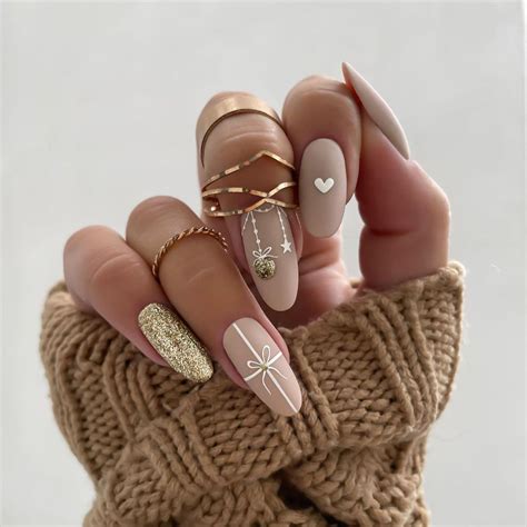 Golden Nude Luxury Almond Medium Nails Xmas Nails Gel Nails Holiday Nails