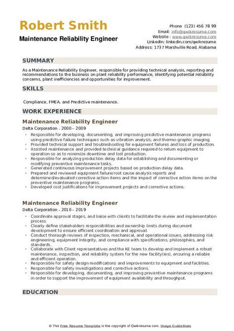 Maintenance Reliability Engineer Resume Samples QwikResume