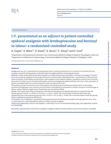 PDF Intravenous Paracetamol As An Adjunct To Labour Epidural Analgesia