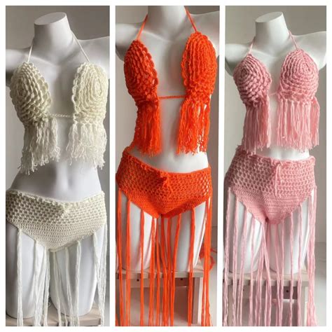 Knitted Bra Top Bikini Set Womens Swimsuit Handemade Crochet Bikini Cover Up Tassel Beach Long