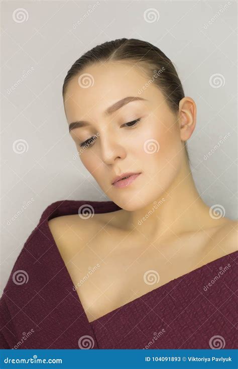 Wonderful Brunette Model With Nude Makeup Posing At Grey Wall Stock Image Image Of Female