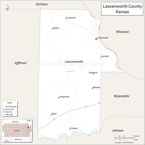 Map of Leavenworth County, Kansas showing cities, highways & important ...