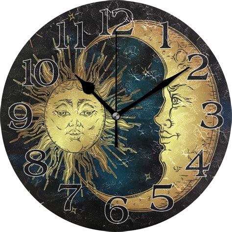 Linomo Sun Stars Moon Face Wall Clock Decor Silent Non Ticking Round