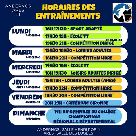 Horaires des entraînements saison 2023 2024 Andernos Arès tennis de