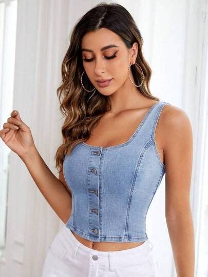 Shein Essnce Button Front Tank Denim Top Denim Top Crop Top With Jeans Stylish Work Outfits