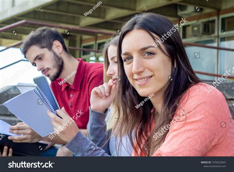 Group University Students Studying Together Building Stock Photo