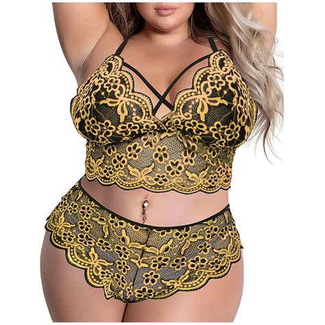 Uaang Women Plus Size Sexy Lingerie Set Hollow Out Lace Perspective Bra And Briefs Underwear Set