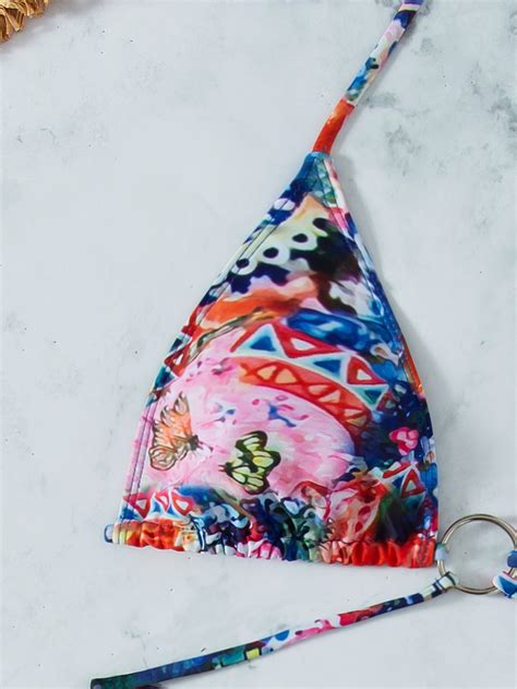 China Womens Halter Tie Side Triangle Bikini Set String Piece Swimsuit O Ring Printed Bathing