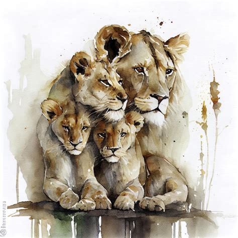 Premium AI Image | watercolor painting of a family of lions lion ...