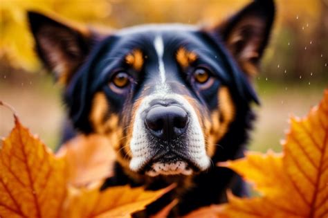 Un perro en las hojas de otoño Foto Premium