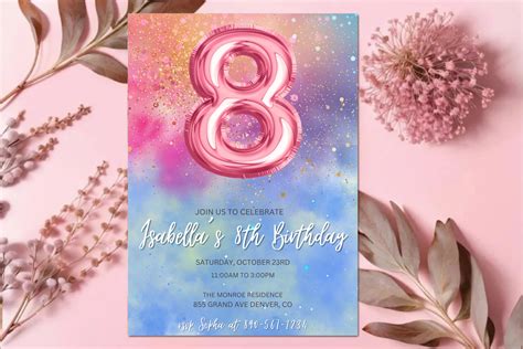 Editable 8th Birthday Invitation Template Rainbow Glitter Birthday