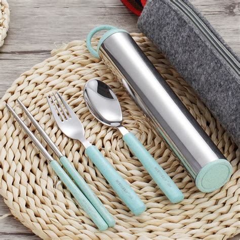 Environmentally Friendly Portable Cutlery Set Wheat Straw 304 Stainless Steel Chopsticks Spoon