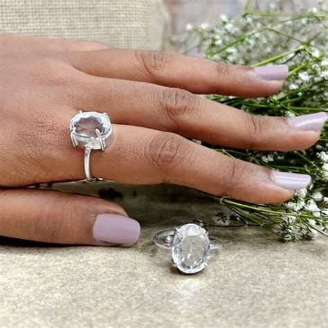 Crystal Rings Natural Clear Quartz Oval Diamond Cut Shape Ring