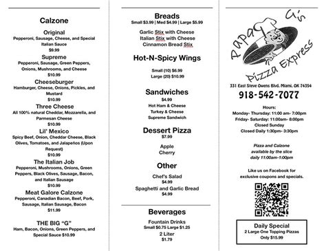 menu  papa gs pizza express pizzeria miami