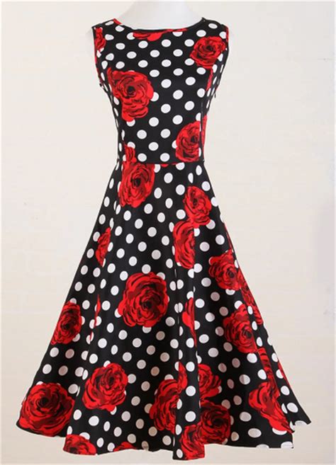 Black White Polkadot Red Roses Print Dresses Uk Style Retro Flare Vintage Dress Pin Up Rock N