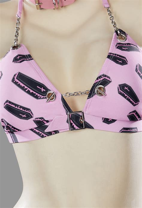 Women Gothic Pink Coffin Pattern Two Piece Swimsuit Bikini Set Punk Style Top And Briefs