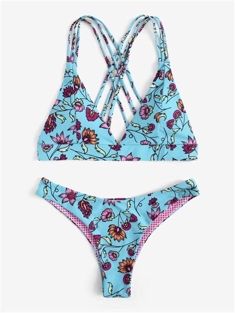 Blue Floral Contrast Lined Cami Top Swimsuit With Cheeky Bikini Bottom