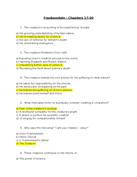 Frankenstein: Detailed Analysis of Chapters 17-20 (Final Exam Notes