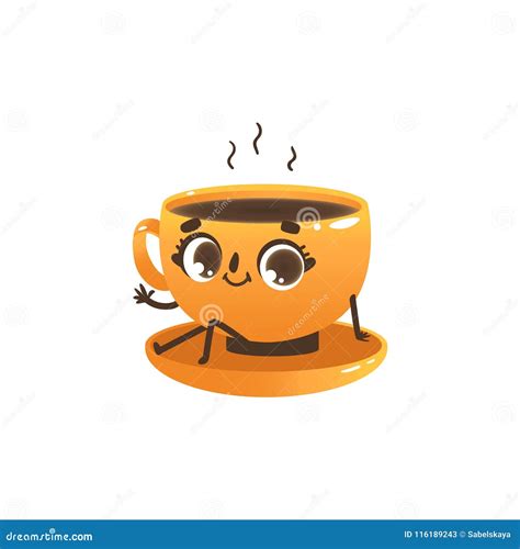 Cup of Coffee or Tea Cartoon Character - Cute Yellow Mug with Hot Drink ...