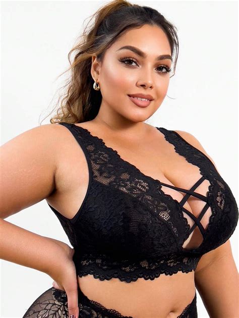 Plus Size Women S Lace Cross Over Design Wireless Bra Lingerie Shein Usa