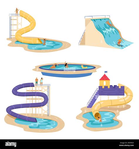 People Relaxing At Waterpark Vector Illustrations Set Stock Vector