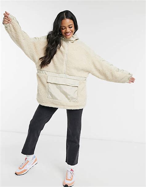 Asos Design Fleece Panelled Tech Jacket In Cream Asos