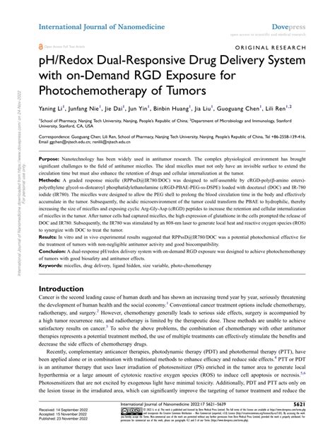 Pdf Ph Redox Dual Responsive Drug Delivery System With On Demand Rgd