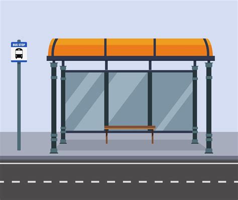 Bus Stop On Street Citypublic Road With Bench And Bus Stop Signvector