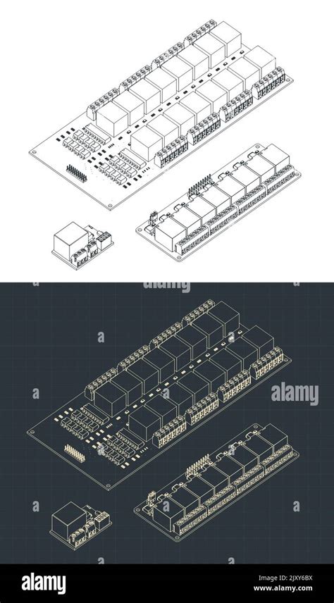 Stylized Vector Illustration Of Isometric Blueprints Of Relays Stock