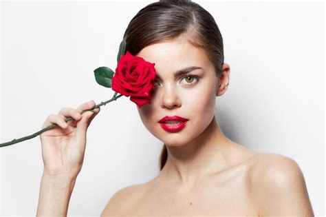 Premium Photo Woman Portrait Red Lips Nude Shoulders Of A Rose Flower