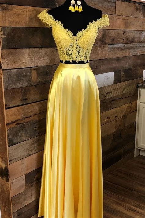 Yellow Prom Dressv Neck Prom Dresslace Prom Dresstwo Pieces Prom