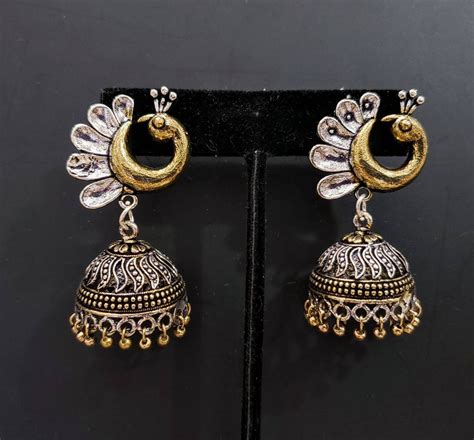 Small Indian Peacock Jhumka Earrings In Two Tone Metal Indian Jewelry