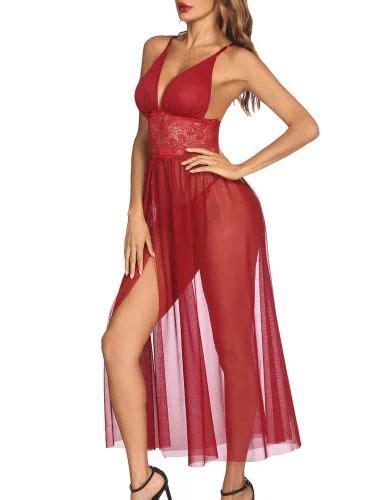 Polyester Lace Net Floral Maxi Babydoll Lingerie With Lace Panty Maroon Size Free Size At