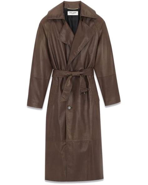 Saint Laurent Belted Leather Trenchcoat In Brown Lyst