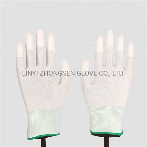 G Polyester Knitting White Pu Coated Gloves Pu Top Fingertips Coated